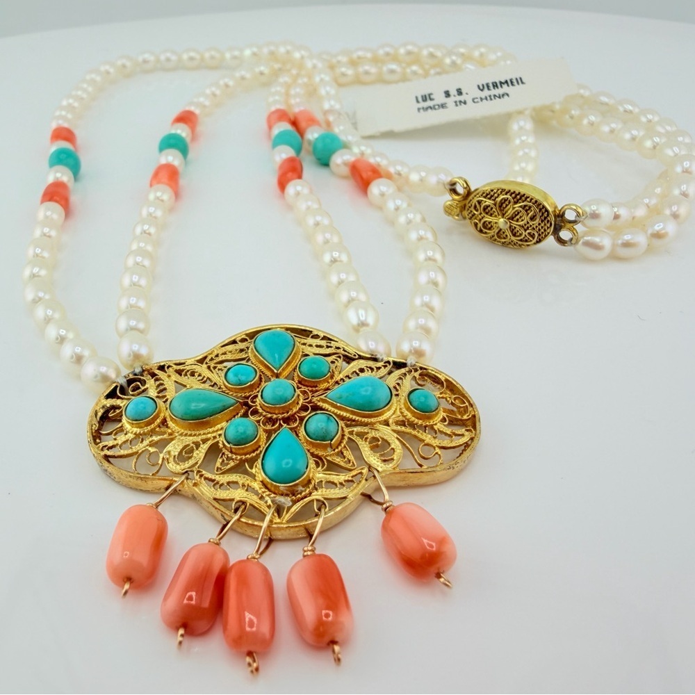 Vintage Lucas Lameth pearl and salmon coral vermeil necklace 925 sterling